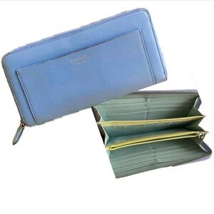 Coach Light Blue Zip-Around Wallet with Mint & Lemon striking interior